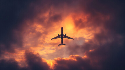 A dramatic aerial view of an airplane soaring through a vibrant, tumultuous sky, painted with fiery orange and deep purple clouds at sunset, capturing the awe-inspiring beauty and power of flight.