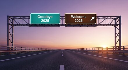 Highway Sign Welcoming 2026 Roadway Transition Celebrating Goodbye 2025 Future Perspective