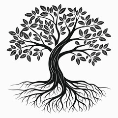 Obraz premium Stylized Black Silhouette of a Tree with Intricate Roots and Leaves black and white branches