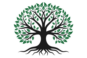 Obraz premium Stylized black tree with green leaves and visible roots on a white background nature life
