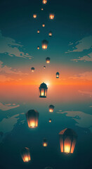 Sky lanterns floating upward towards a fiery sunset reflected in water
