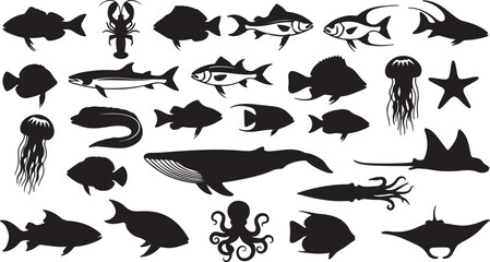 Sea Life Silhouette Vector Set – Marine Animals, Fish, and Ocean Creatures Clipart Collection.