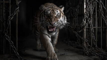 Tiger in cage, fierce expression