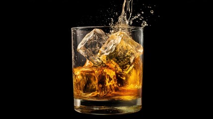 Dynamic Whiskey Pour: Ice Cube Cascading into Glass Against Black Macro Background