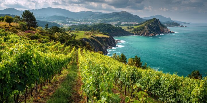 Picturesque Spain Vineyard Overlooking the Cantabrian Sea: Getaria's Lush Green Vineyards and Wine Production