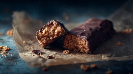 High-protein chocolate snack bar with oat and nut filling on dark moody background. Fitness, sports energy and healthy lifestyle visuals
