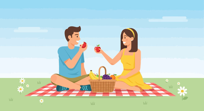 Romantic couple enjoying a picnic in nature, eating apples on a sunny day - Powered by Adobe