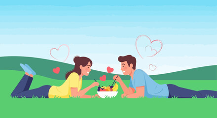 Romantic Couple Sharing Fruit Together On Green Meadow Surrounded With Love Hearts