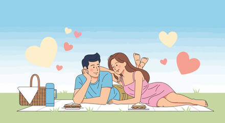 Romantic Couple Joyfully Enjoying Picnic Date Outdoors With Loving Hearts Floating Around