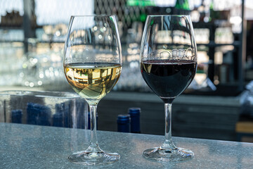 Two elegant wine glasses, one filled with white wine and the other with red wine, placed on a polished countertop, showcasing a sophisticated beverage experience
