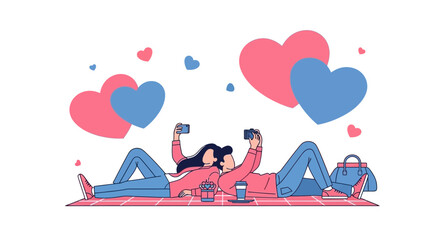 Romantic couple taking photos and celebrating love with hearts illustration design