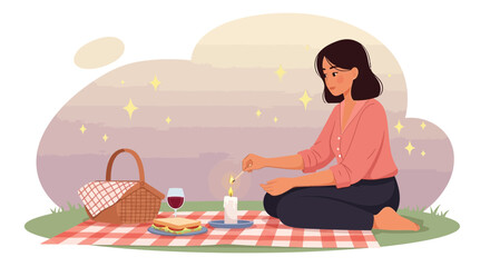 Romantic Evening Picnic: Woman Lights a Candle Amidst Stars and Tranquility