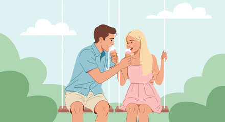 Romantic illustration of a couple sharing ice cream while enjoying a swing in the park