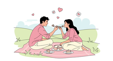 Romantic Moment Of Couple Sharing Cake On Picnic In Scenic Green Setting