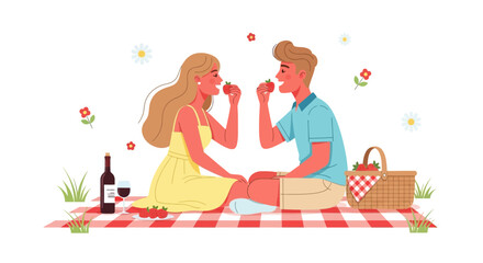 Romantic Picnic Scene: Couple Enjoying Strawberries, Wine, And Delightful Ambiance Moment.