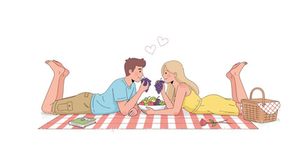 Romantic Picnic Scene Featuring Couple Relaxing Enjoying Fruits and Hearts in the Air