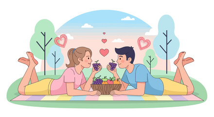 Romantic picnic scene for couple enjoying fruits and love in a beautiful garden together