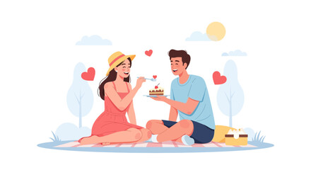 Romantic picnic scene of a happy couple sharing cake on a sunny day enjoying love