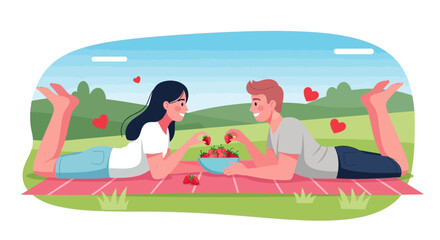 Romantic Picnic Scene of Couple Enjoying Strawberries in Nature, Love and Affection