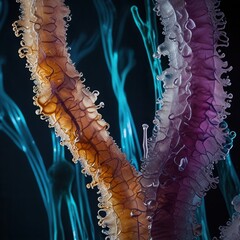 Bioluminescent Kombucha Culture Macro With Fibrous Texture And Cyan Violet Glow Background