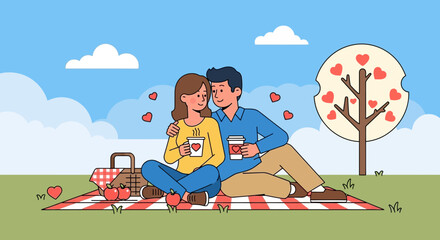 Romantic picnic scene with a couple in love, relaxing outdoors with coffee and hearts