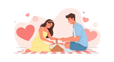 Romantic picnic scene with a couple opening a basket with hearts on background in illustration