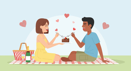 Romantic picnic scene with a couple sharing cake and showing affection in a park