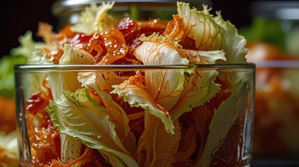 Homemade Kimchi in Progress, Fermenting Napa Cabbage and Chili Paste Macro Scene 김치