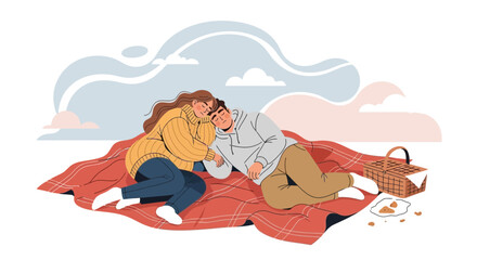 Romantic picnic scene with couple cuddling on a plaid blanket outdoors in illustration