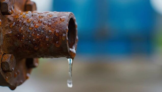 Close up of a rusty pipe with water droplets and a single drip falling from the pipe end point