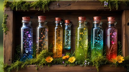 Mossy Board of Magical Vials with Rainbow Blossoms and Glimmering Potions Flat Lay