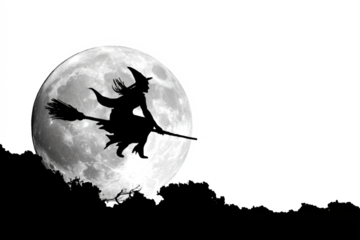 Silhouette of a witch flying on a broomstick across the full moon spooky Halloween vector illustration isolated on white background