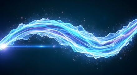 Abstract glowing blue energy wave flowing through dark space with shimmering particles and light flares