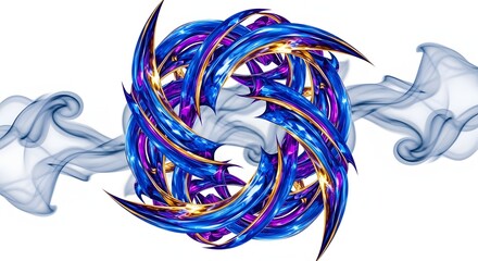 Abstract swirling vortex of vibrant blue purple and yellow energy with wisps of smoke on a white background