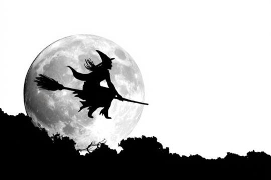 Silhouette of a witch flying on a broomstick across the full moon spooky Halloween vector illustration isolated on white background