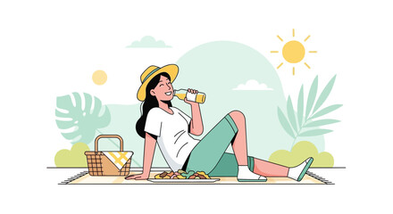 Obraz premium Relaxed Woman Enjoying Refreshment On Picnic During Sunny Afternoon Leisure Time