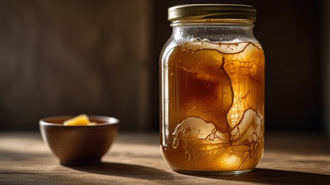 Organic SCOBY in Glass Jar, Golden Fermentation Liquid and Honey Tones, Rustic Lifestyle Scene