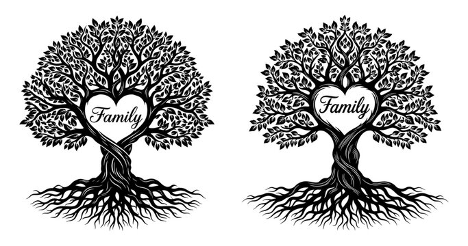 Vector art of silhouette of a family tree with a heart shape and the word family