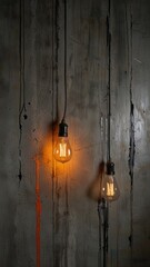 Gray Concrete Backdrop With Hanging Bulbs And Fiery Orange Red Light Stripes
