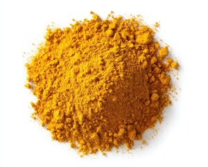 Vibrant Yellow Spice: Top View of Isolated Turmeric Powder on Clean White Background
