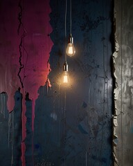 Vertical Concrete Wall With Cracked Striped Paint and Hanging Edison Bulbs In Magenta and Cobalt