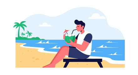 Fototapeta premium Relaxing Beach Scene: Sipping Coconut Drink in Paradise: Summer Vacation Illustration