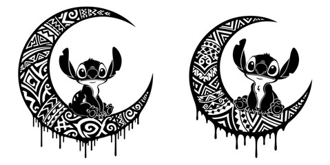 Vector art of cartoon character sitting on moon stitch with tribal pattern moon