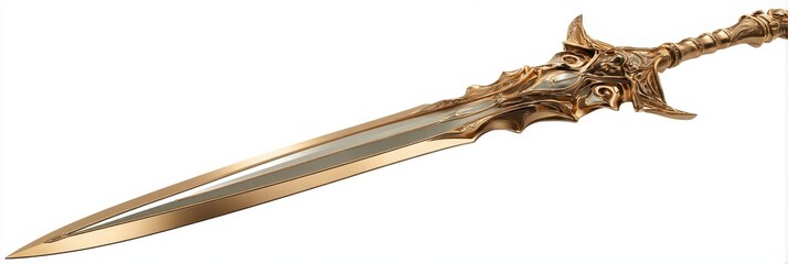 Obraz premium Lustrous Golden Blade: Exquisite Fantasy Sword Set Against a Crisp White Backdrop in 3D Visualization