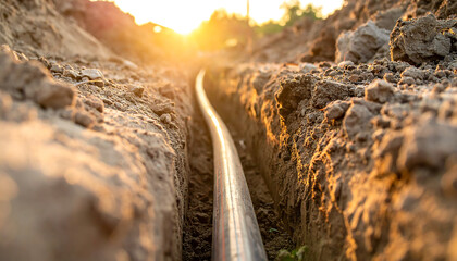 Yellow and black utility pipes laid in soil trench with grassy edges, extending toward sunlit trees and distant building.
