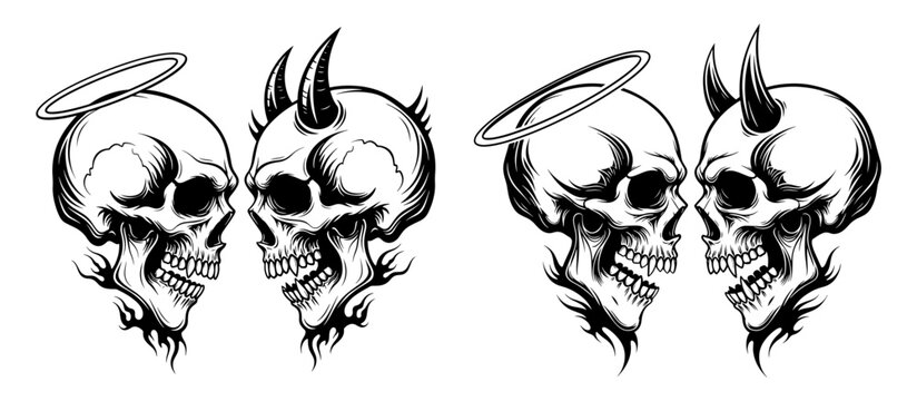 Vector art of two skulls with halo and horns angel and demon good and evil