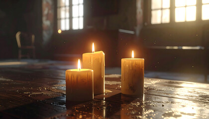 Three lit cylindrical candles glowing warmly in dark setting, casting soft light and evoking calm, meditative ambiance.