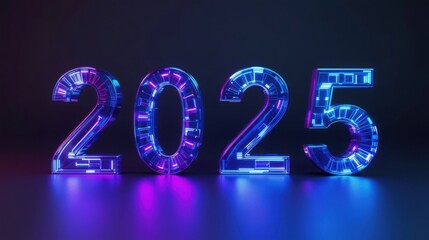 Glowing neon futuristic numbers forming the year twenty twenty five on a reflective surface