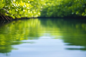 Naklejka premium Serene Waterscape: The tranquil beauty of nature is captured in a serene waterscape, where the reflection of vibrant green foliage dances gently on the water's surface.