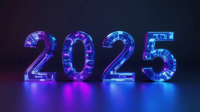 Glowing neon futuristic numbers forming the year twenty twenty five on a reflective surface - Powered by Adobe